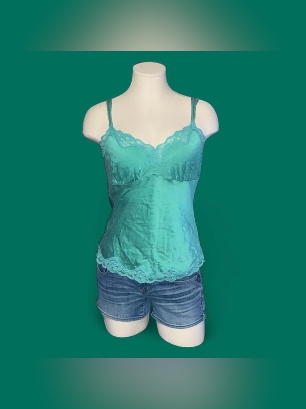 Source Unknown Teal Satin Lace Trim Cami